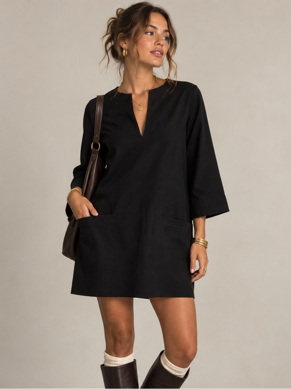 Emerson Fry Black 100% Cotton Shift Mini Dress Tunic Made in USA Minimalist S